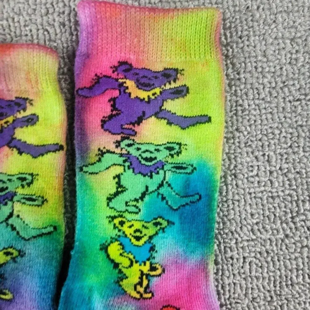 Tie Dye Dancing Bears Socks Mens One Size Multicolor Novelty Mid Calf Crew